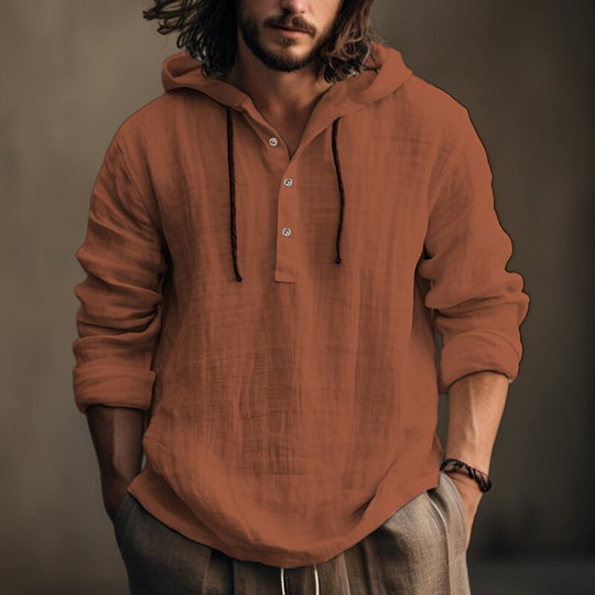 Herren nan Leichtes Kapuzenhemd im Leinenlook mit Henley-Knopfleiste EB