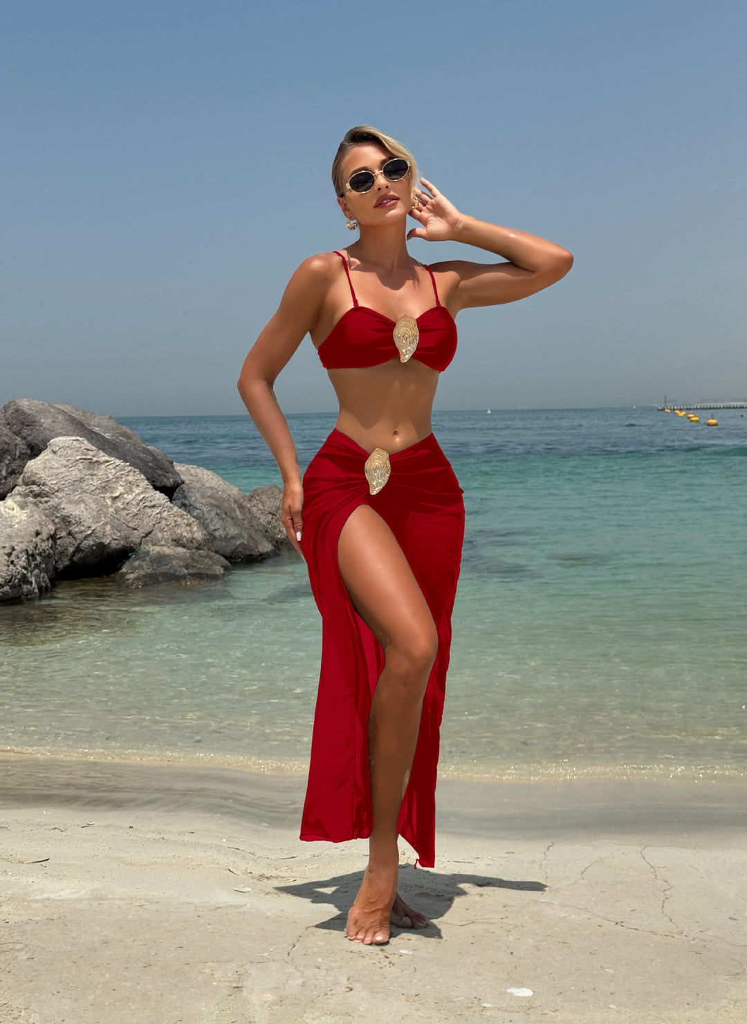 Damen Eleganter Bikini mit hohem Beinausschnitt und glamourösem Wickelrock EB