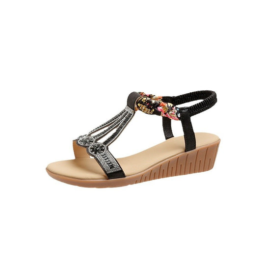 Damen modische Sandalen mit funkelnden Strassdetails und dekorativem Blütenmuster EB
