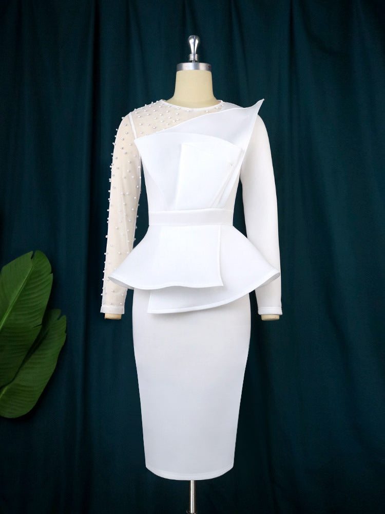 Damen Etuikleid mit transparenten Puffärmeln und dekorativem Peplum EB