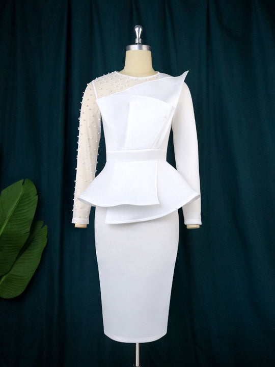 Damen Etuikleid mit transparenten Puffärmeln und dekorativem Peplum EB