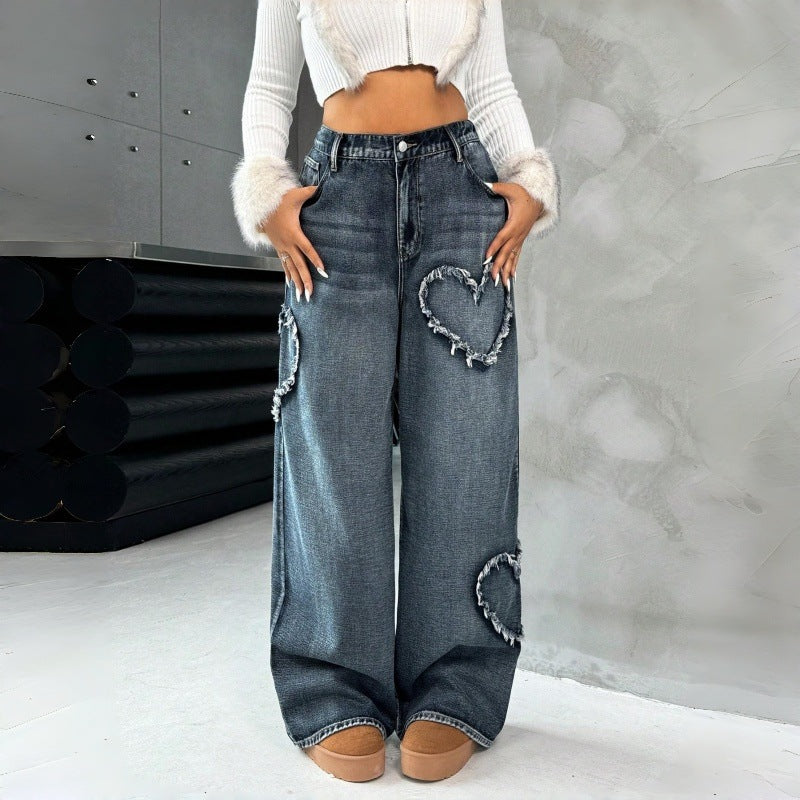 Damen Weite Jeans mit Herz-Stickerei und lässigem Schnitt EB