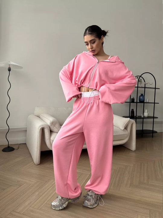 Damen kurzes Kapuzenzipper-Lounge-Set mit oversized Ärmeln und weitem Jogginghose-Schnitt EB