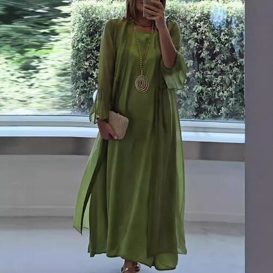 Damen nan doppellagiges Abendmaxikleid mit transparentem Überwurf, geschmeidigem Innenkleid, Taillenbändern und Trompetenärmeln EB