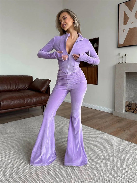 Damen nan taillierter Velours-Overall mit Halbzip, Kapuze und ausgestelltem Schlag EB
