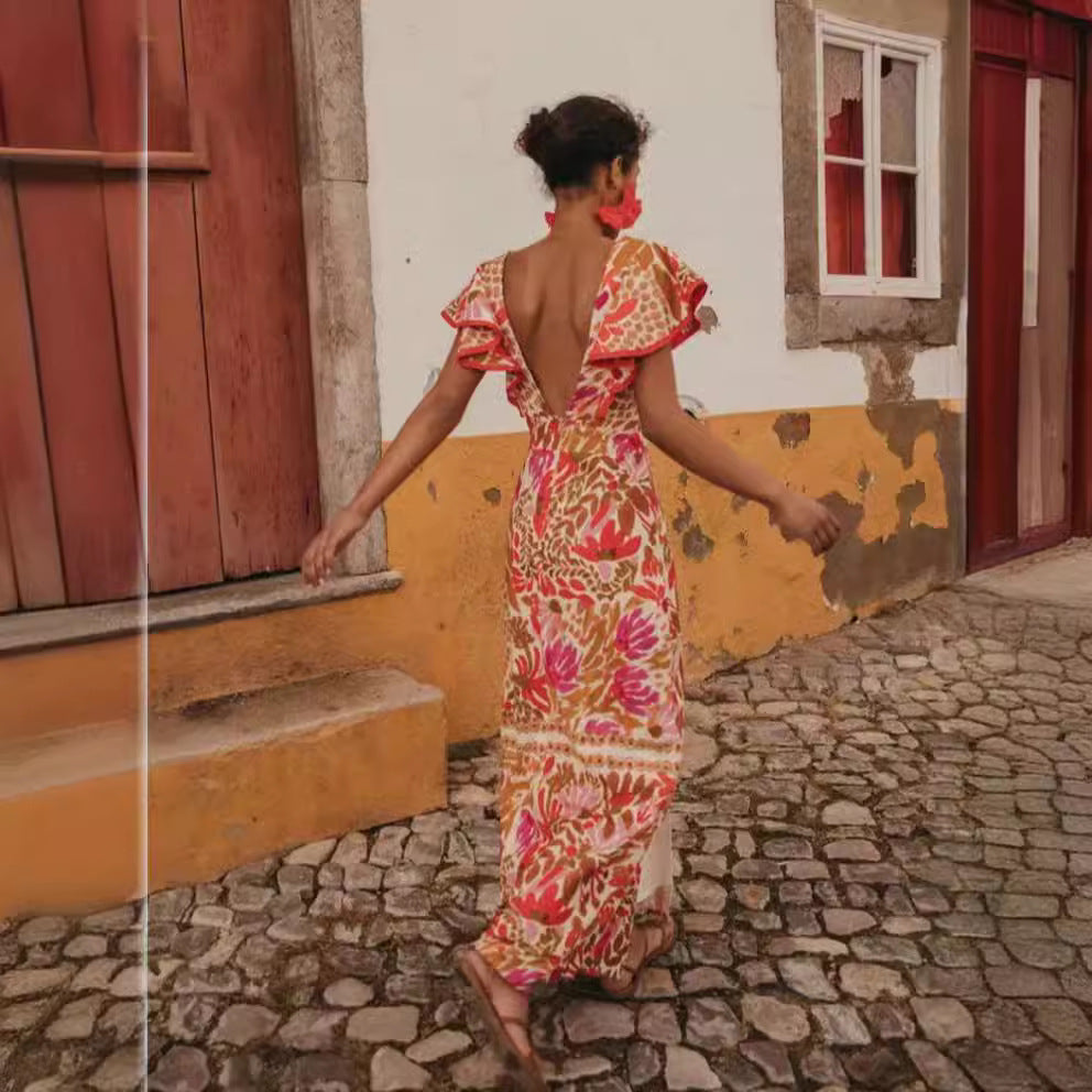 Damen Maxikleid mit farbenfrohem floralem Muster und Volantärmel EB