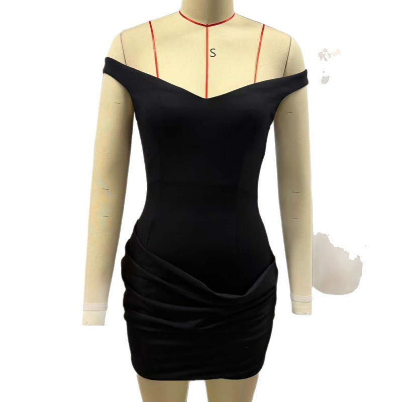 Damen elegante Off-Shoulder Minikleid mit tiefem V-Ausschnitt und gerafftem Saum EB