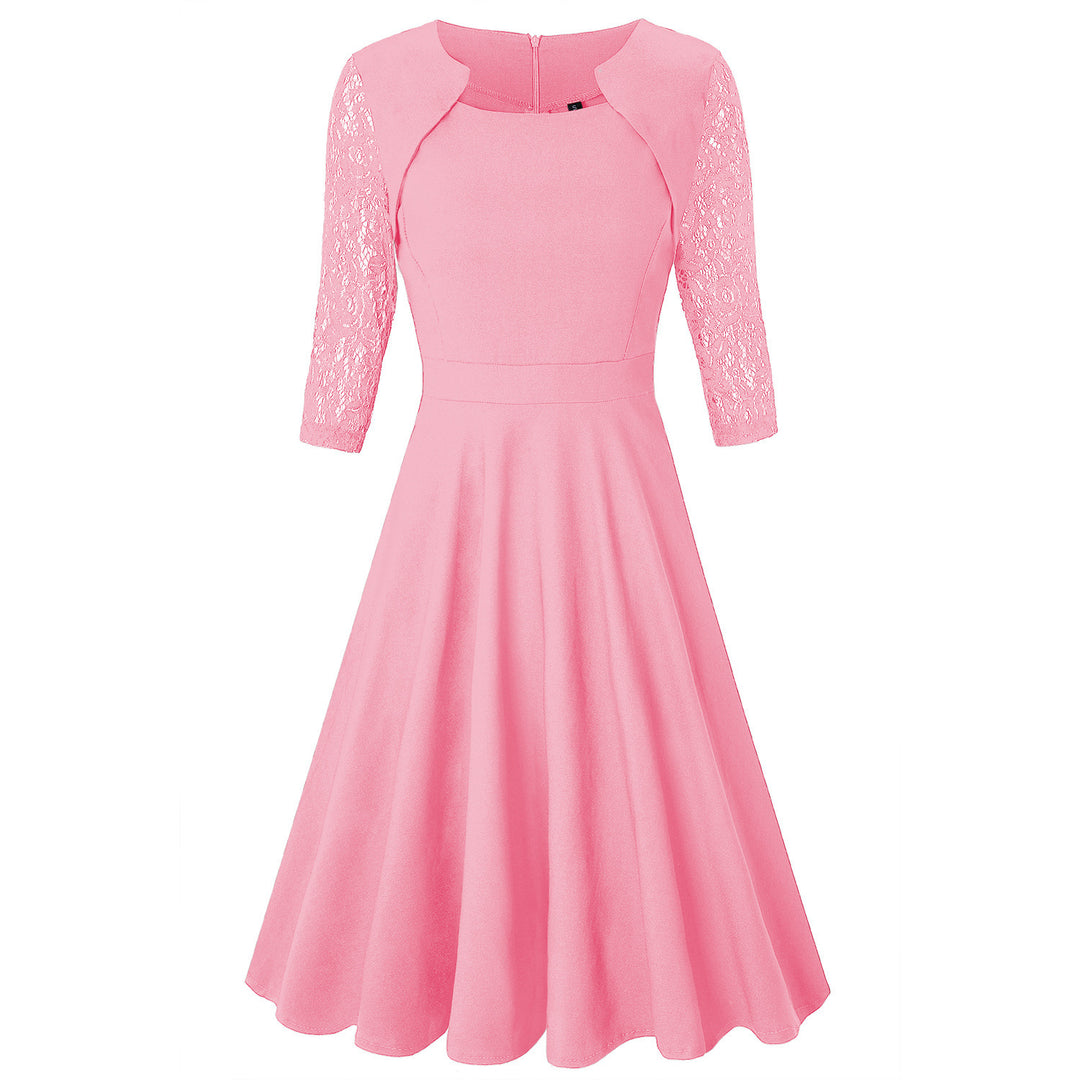 Damen Midi-Kleid mit Spitzenärmeln und schwingendem Rock EB