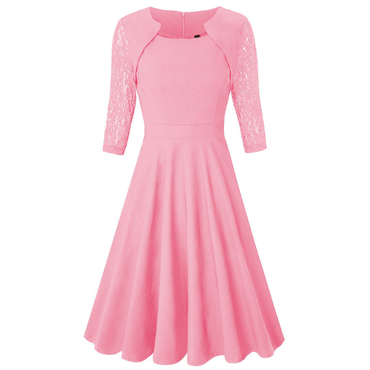Damen Midi-Kleid mit Spitzenärmeln und schwingendem Rock EB