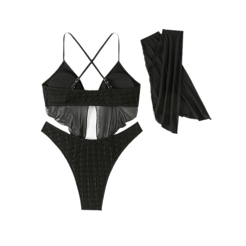 Damen Zweiteiliger Badeanzug mit transparentem Oberteil und eleganten Rüschendetails EB