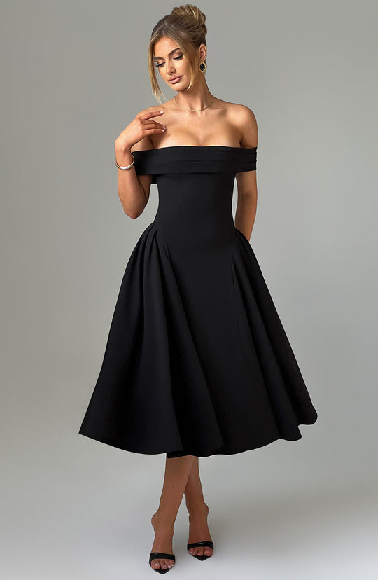 Damen Cocktailkleid mit schulterfreiem Design und voluminösem Rock EB