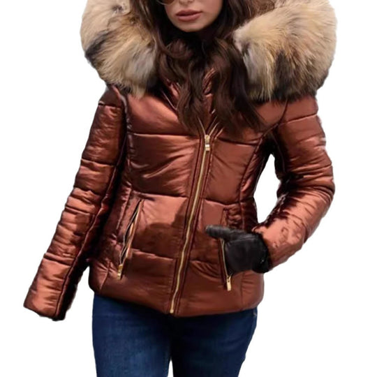 Damen Modische Steppjacke mit Kunstpelzkragen EB
