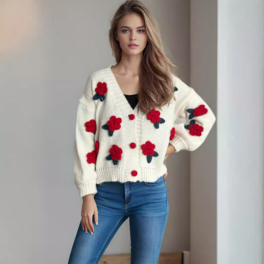 Damen Strickjacke mit floralen Applikationen und knöpfbarem Design EB