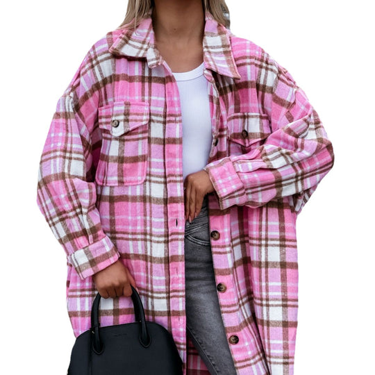 Damen lässige Karo-Hemdjacke mit asymmetrischem Schnitt und Taschen EB