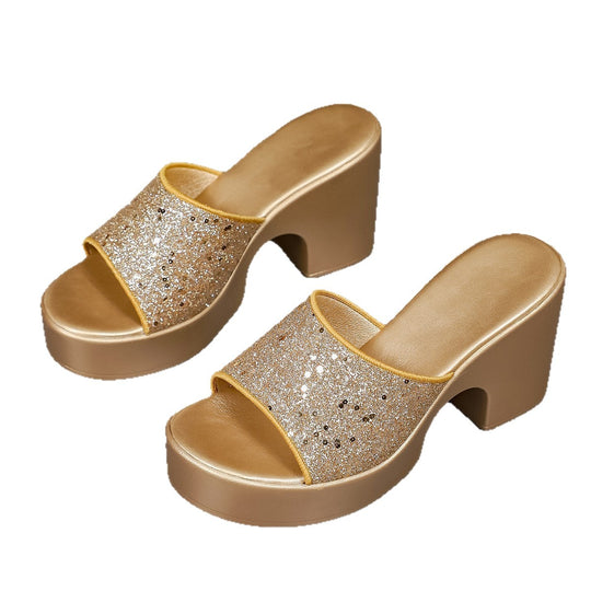 Damen Plateau-Pantoletten mit glitzerndem Obermaterial und bequemem Blockabsatz EB