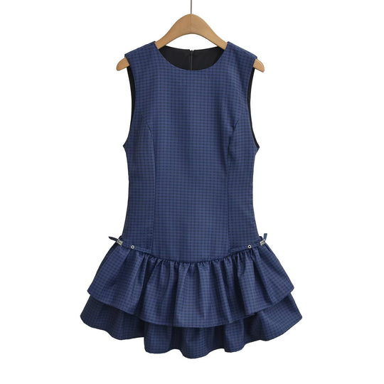 Damen Sommerkleid mit voluminösem Rüschenrock und modernem Karomuster EB