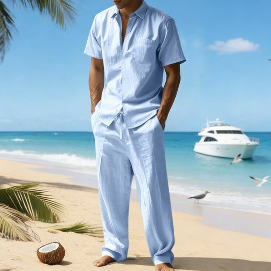 Herren nan resort-taugliches Kurzarm-Hemd mit Brusttasche und lässiger Leinen-Kordelhose EB
