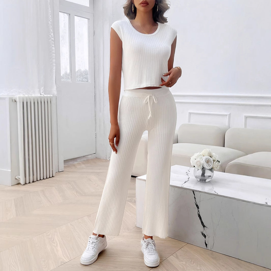Damen Strick Zweiteiliges Set mit cropped Oberteil und weiter Hose EB