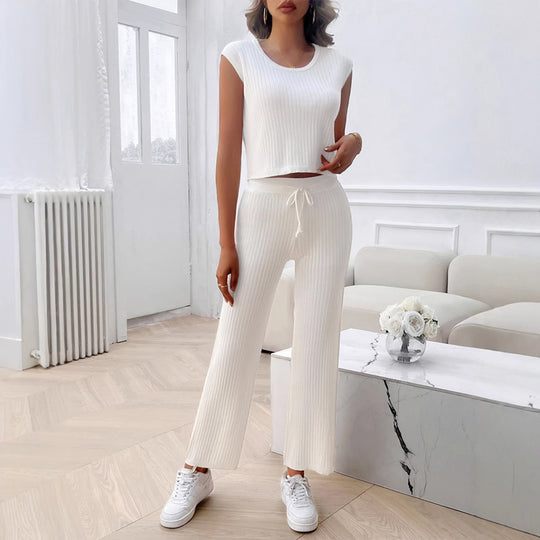 Damen Strick Zweiteiliges Set mit cropped Oberteil und weiter Hose EB