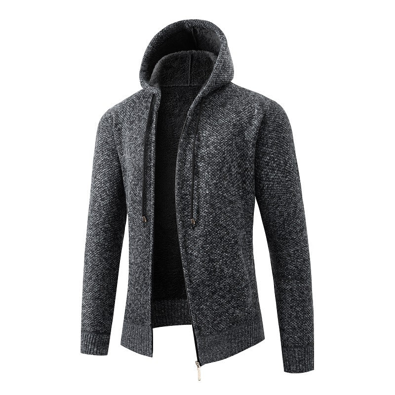 Herren nan melierte Strickzip-Kapuzenjacke mit wärmendem Teddyfutter, verdecktem Zwei-Wege-Reißverschluss und elastischen Bündchen EB