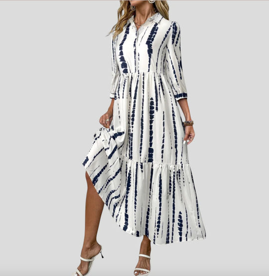 Damen Langarm Maxikleid mit modernen Streifenmuster und Taschen EB