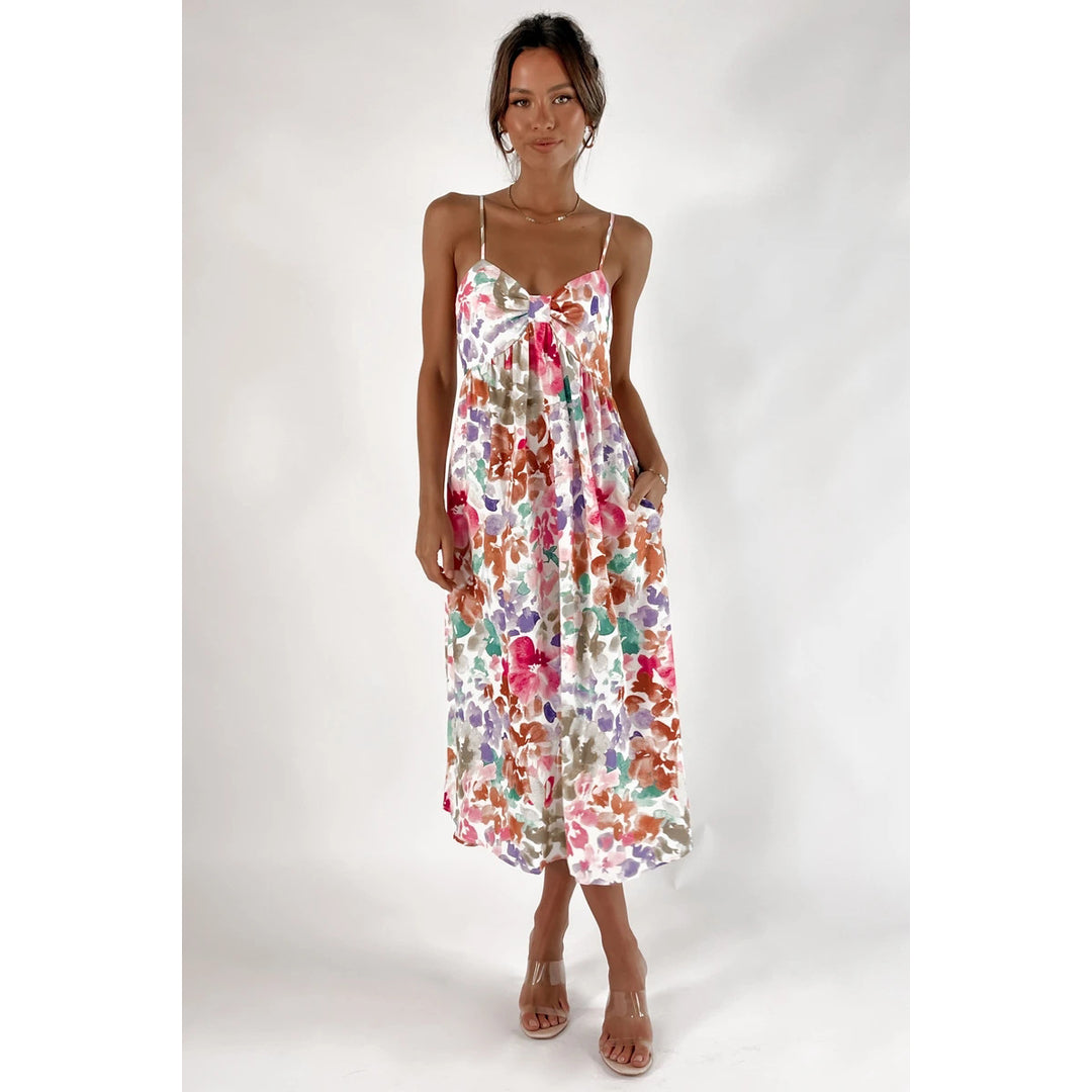 Damen Maxikleid mit floralem Design und dekorativem Knotendetail EB