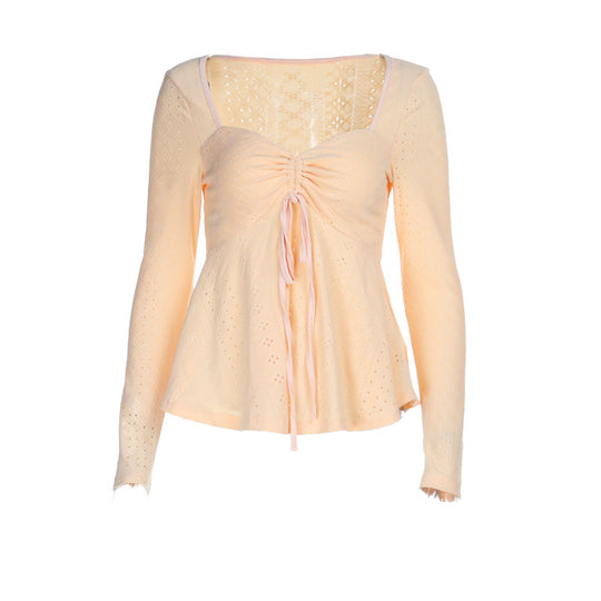 Damen luftiges Blusenshirt mit Rüschendetails und Schnürung EB