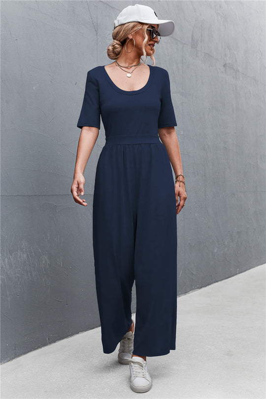 Damen Jumpsuit mit weitem Bein und elegantem Rundhalsausschnitt EB
