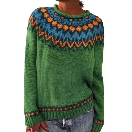 Damen nan melierter Rundhalsausschnittpullover mit kreisförmigem Jacquard-Yoke und geripptem Saum EB