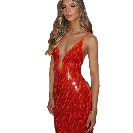 Damen Elegantes Maxikleid mit tiefem Ausschnitt und glänzenden Pailletten EB