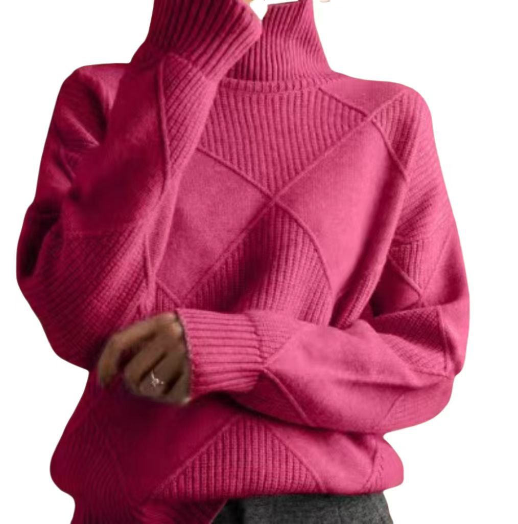 Damen hochwertiger Strickpullover mit stehendem Kragen und extravagantem Rautenmuster EB
