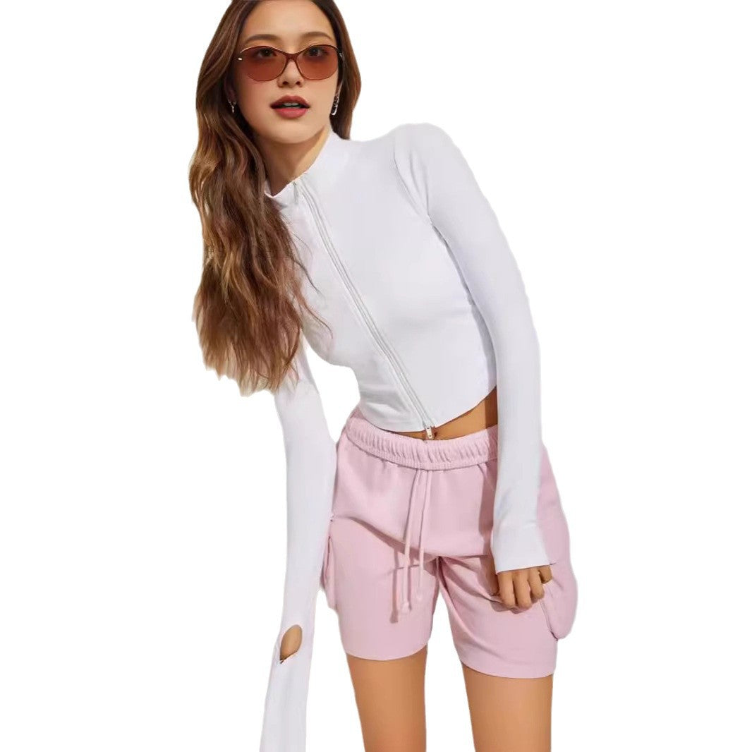 Damen Cropped Zip-Langarmshirt mit hohem Kragen EB