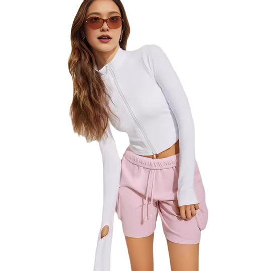 Damen Cropped Zip-Langarmshirt mit hohem Kragen EB