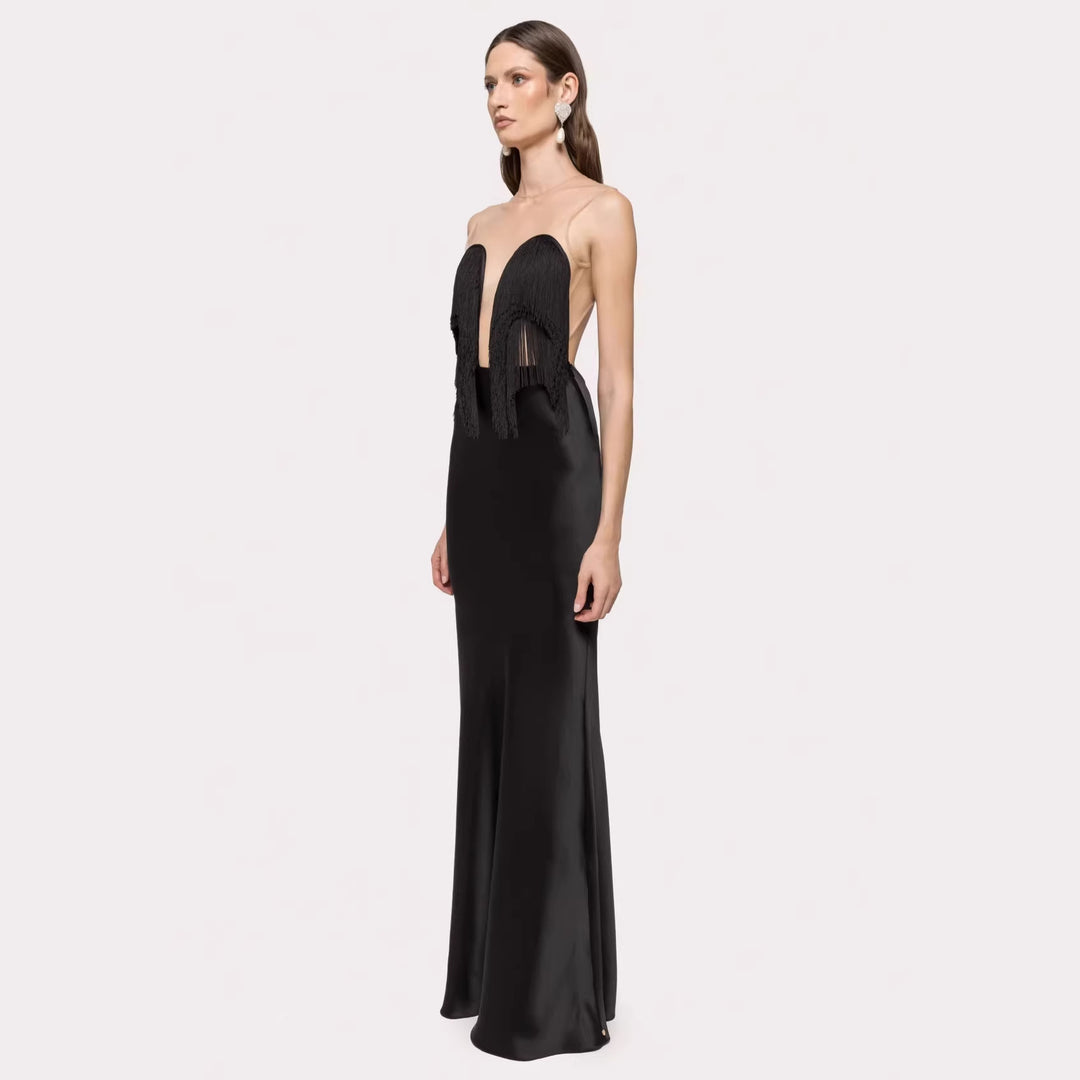 Damen Langärmliges Maxikleid mit tiefem V-Ausschnitt und fransierten Details EB