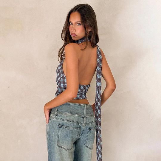 Damen Kurzarm Blusen-Top mit gerafftem Design und modischem Karomuster EB