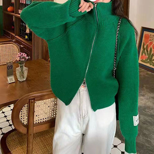 Damen Strickjacke mit hochwertigem Reißverschluss und Stehkragen EB