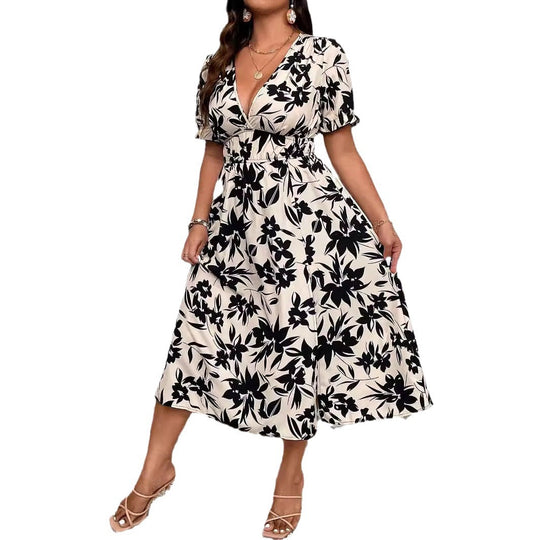 Damen Maxikleid mit V-Ausschnitt und elastischem Taillenbund EB