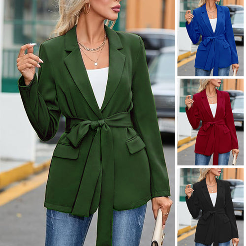 Damen eleganter Blazer mit Taillengürtel und Taschen EB