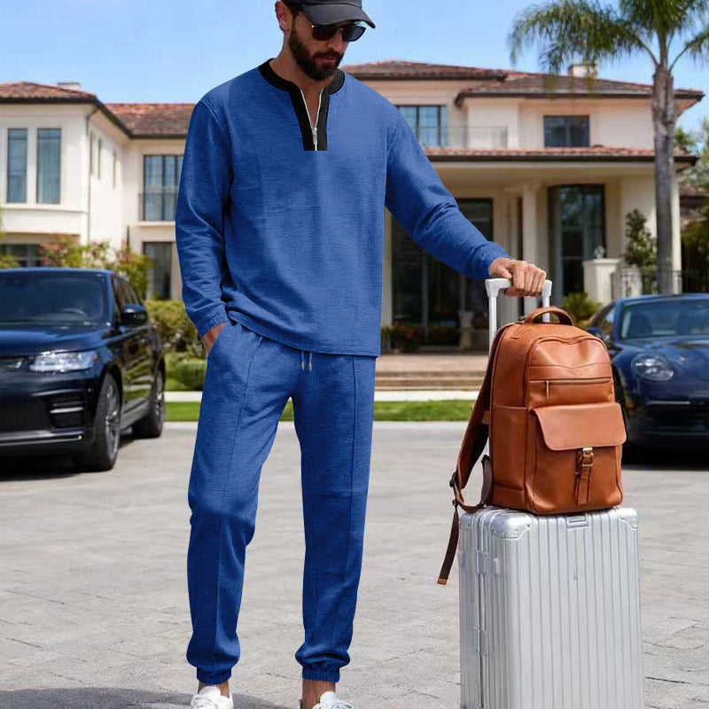 Herren Leichtes Henley-Loungewear-Set mit Kontrastkragen, Tunnelzug-Jogger und elastischen Bündchen EB