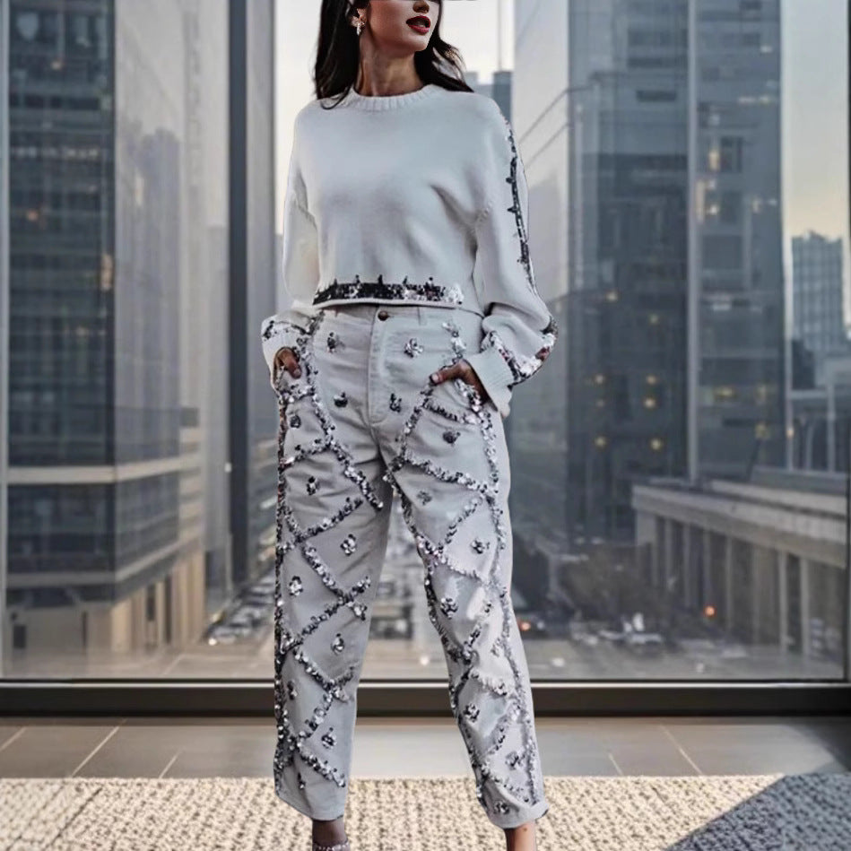 Damen modischer cropped Pullover mit Pailletten EB