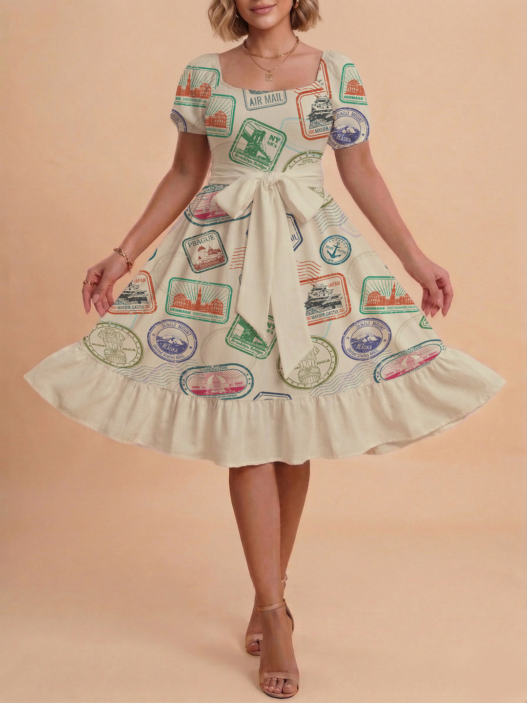 Damen Sommerkleid mit floralem Puffärmel und taillierbarem Gürtel EB
