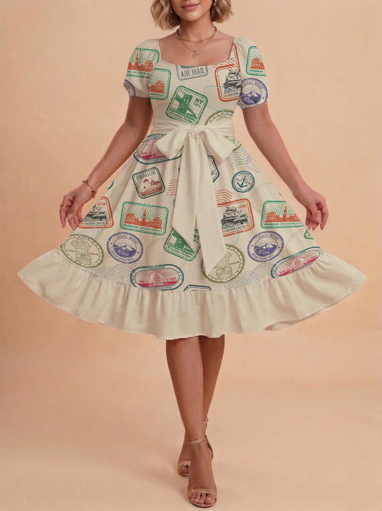 Damen Sommerkleid mit floralem Puffärmel und taillierbarem Gürtel EB