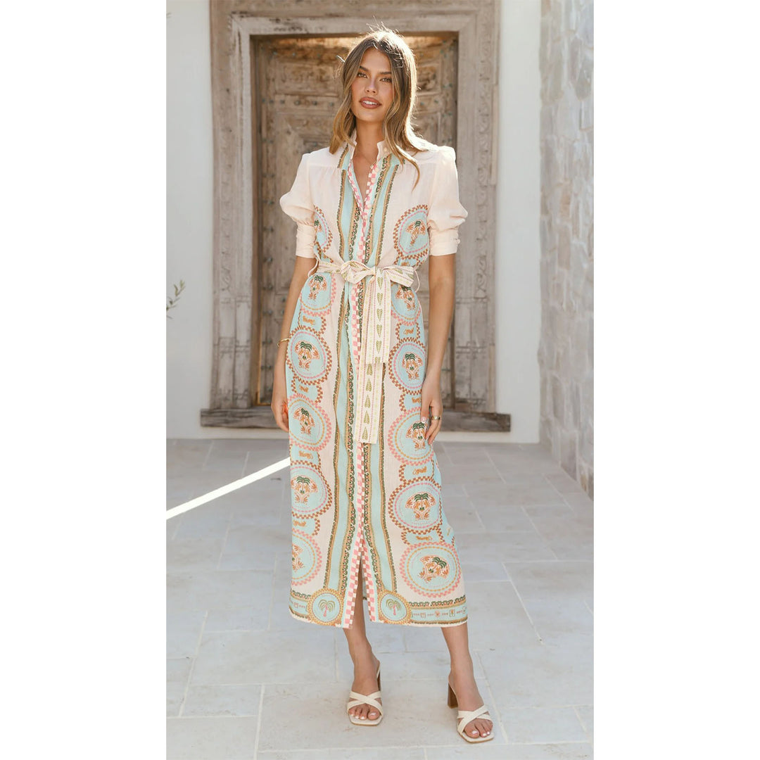 Damen Maxikleid mit raffiniertem Muster und Taillenschnürung EB