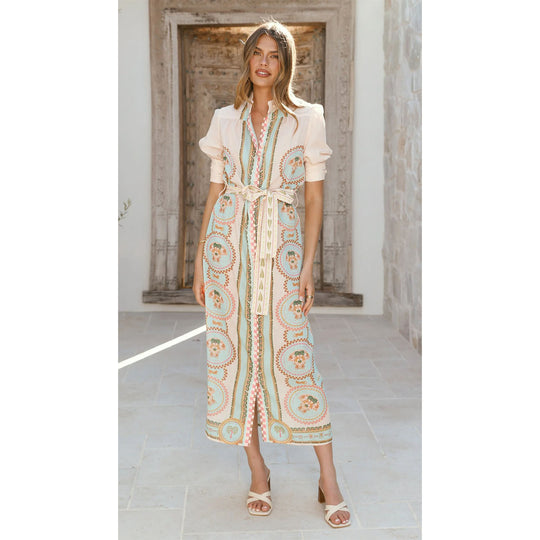 Damen Maxikleid mit raffiniertem Muster und Taillenschnürung EB