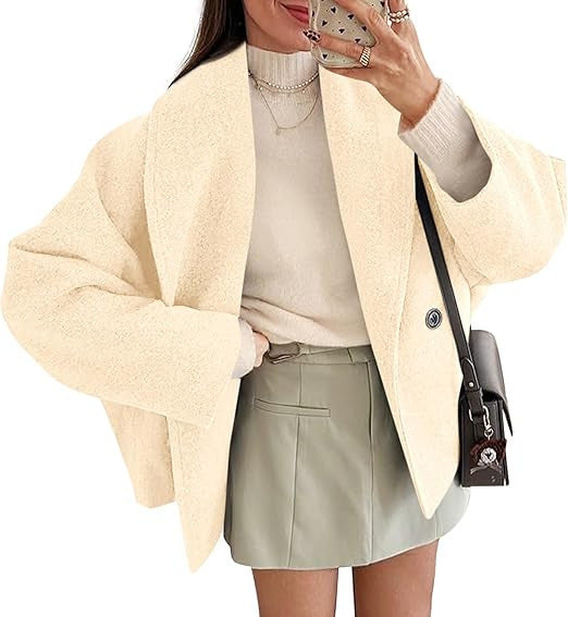 Damen nan oversized Teddyjacke mit großem Schalkragen und Ein-Knopf-Verschluss EB