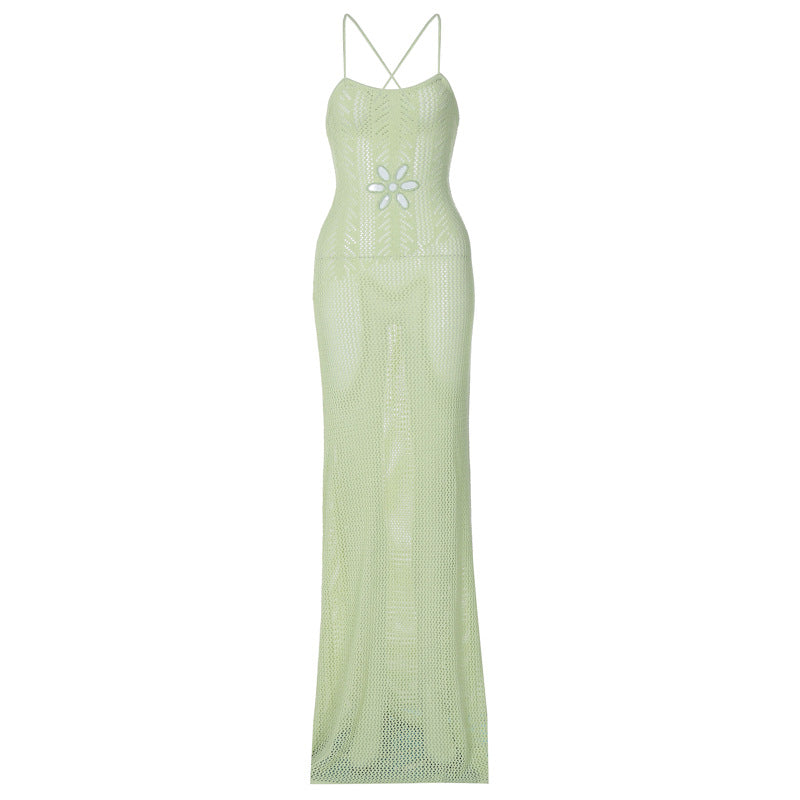 Damen Langes Häkelkleid mit verführerischem Rückenausschnitt EB