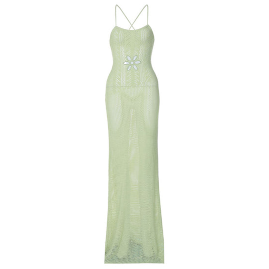 Damen Langes Häkelkleid mit verführerischem Rückenausschnitt EB