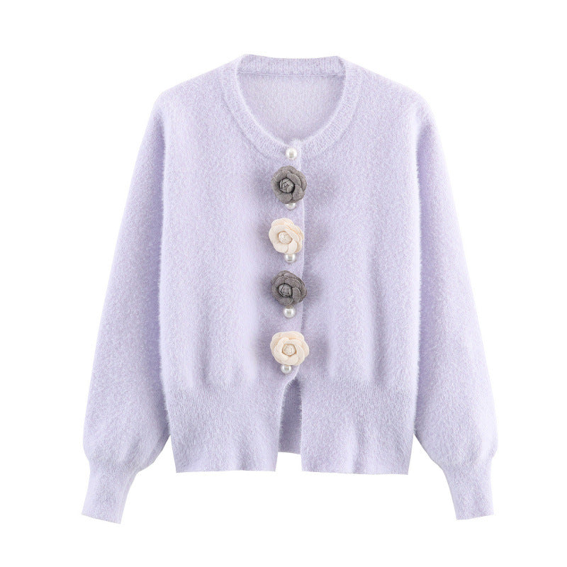 Damen stylische Strickjacke mit einzigartigen Blumenapplikationen EB