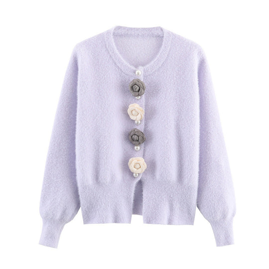 Damen stylische Strickjacke mit einzigartigen Blumenapplikationen EB