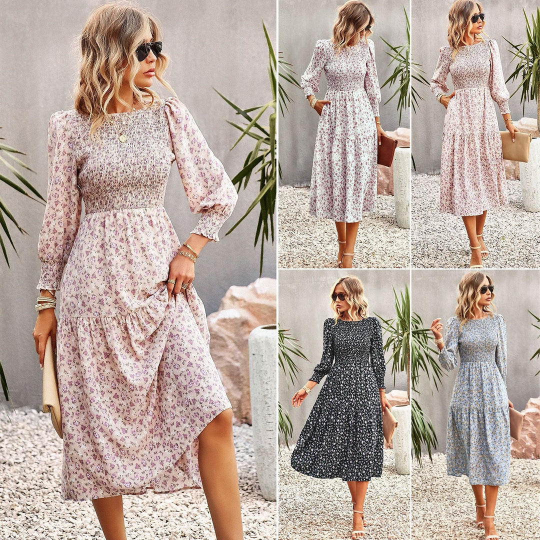Damen Florales Midi-Kleid mit Geraffter Taille und Langen Ärmeln EB